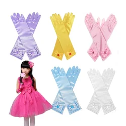 Kids Silk Bow Lace Gloves, Long Elbow, White, Pink, Yellow, Red, Children Princess Dance Performance, Stage Party, Solid Mittens