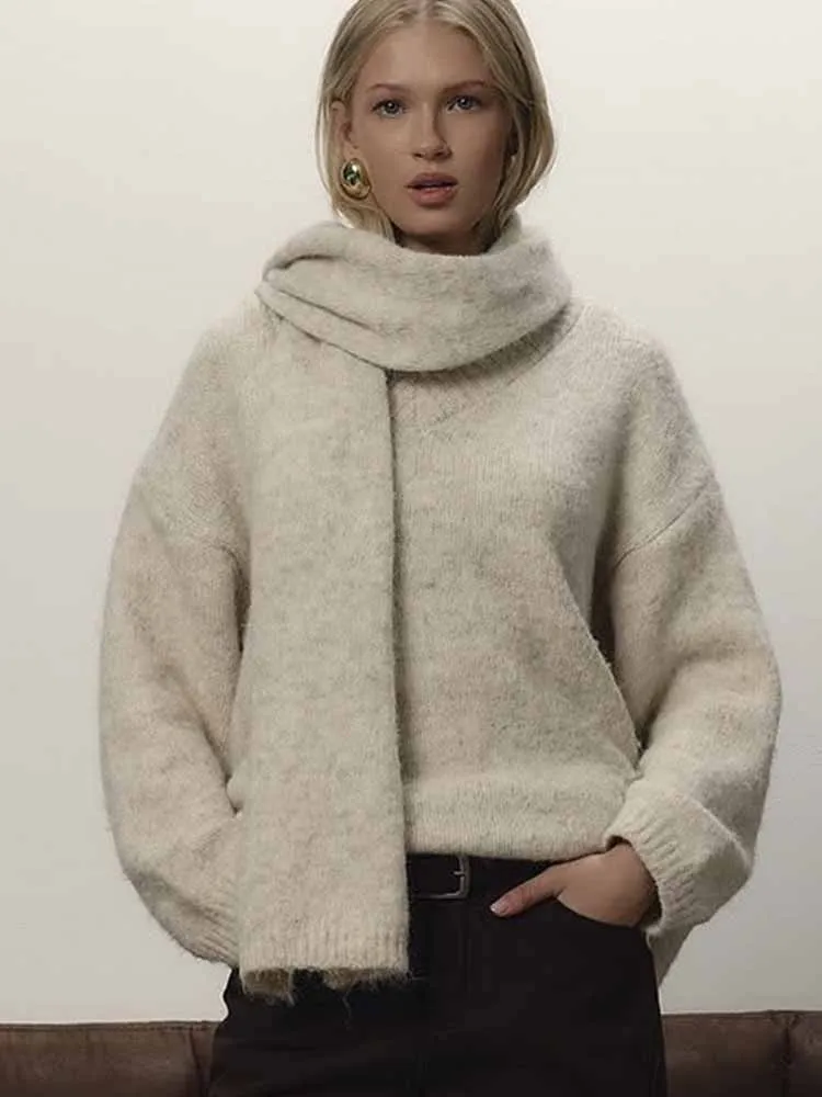 

BKQU Элегантный однотонный свитер с v-образным вырезом и шарфом, женский вязаный свободный повседневный пуловер с длинными рукавами, осень 202, уличный женский джемпер, топы