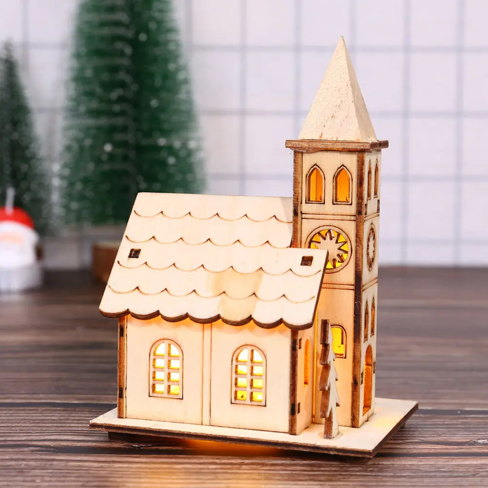 

2Pcs Khaki Luminous Wooden Church Xmas Desktop Decor Party Adornment Christmas Home Decoration Charming Gift for Family Friends