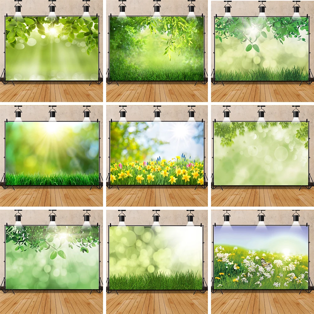 Refreshing Green Spring Backdrop Meadow Leaves Sunshine Flowers  Beautiful Scenery Baby Portrait Photography Background Photo