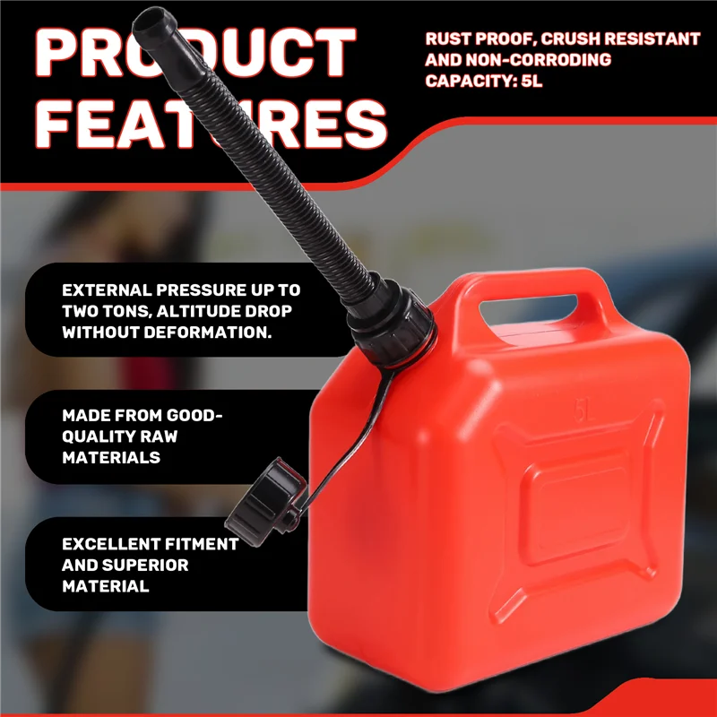 5L Car Fuel Tank Can Spare  Plastic Petrol Gas Container Anti-Static Fuel Carrier  With Pipe For Car-[Qahk]