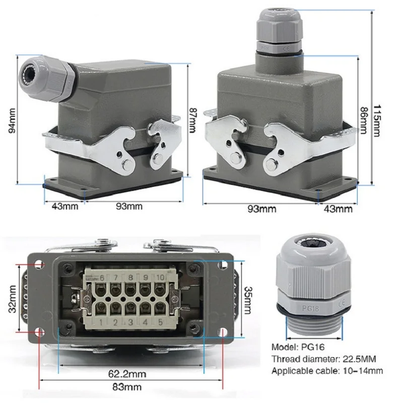 Rectangular Heavy Duty Connector HDC-HE4 6 10  16 24 Core Pin 16A Waterproof Aviation Plug  Top  And Side Line Connector