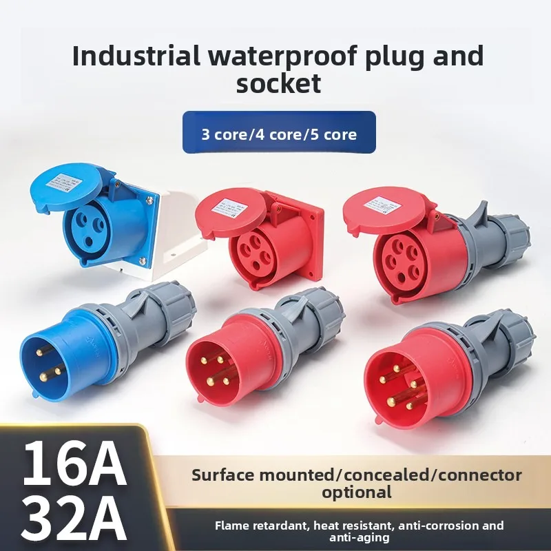 Industrial Waterproof Aviation Plug Socket Connector 16A/32A 3/4/5 Pin 3-Phase 380V Non-Explosion-Proof for Industrial Use