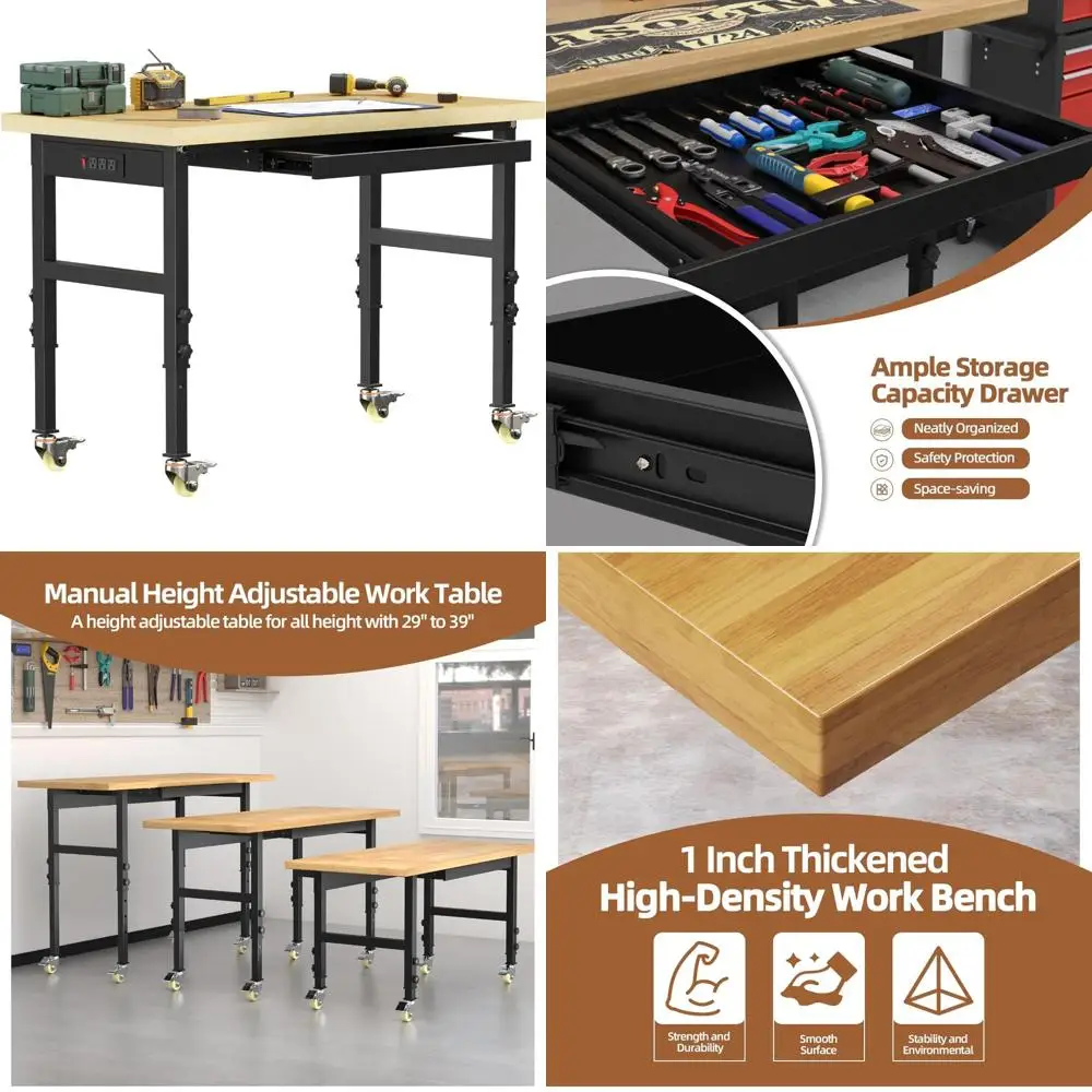 Adjustable Rolling Workbench Table with Wheels, Power Outlet, and Drawers for Large Load Capacity