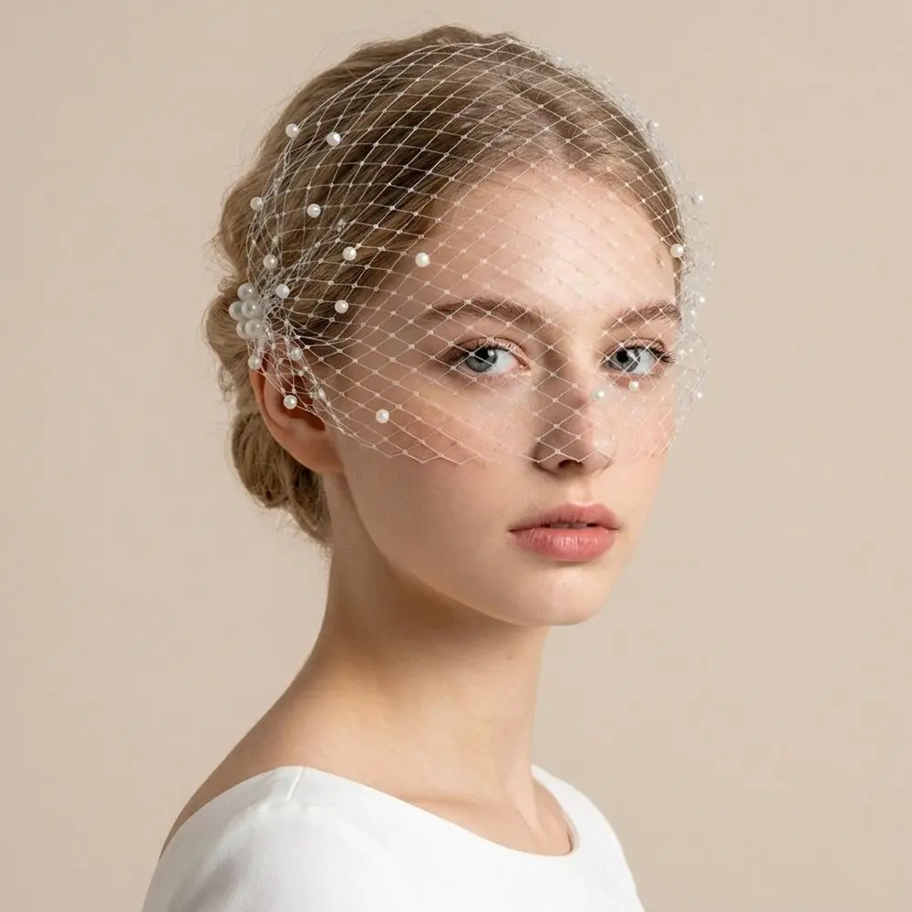Women's Headpieces French Style Birdcage Veil Mesh Rhinestone Bridal Headwear Pearl Fairy Bride Veils Face Cover