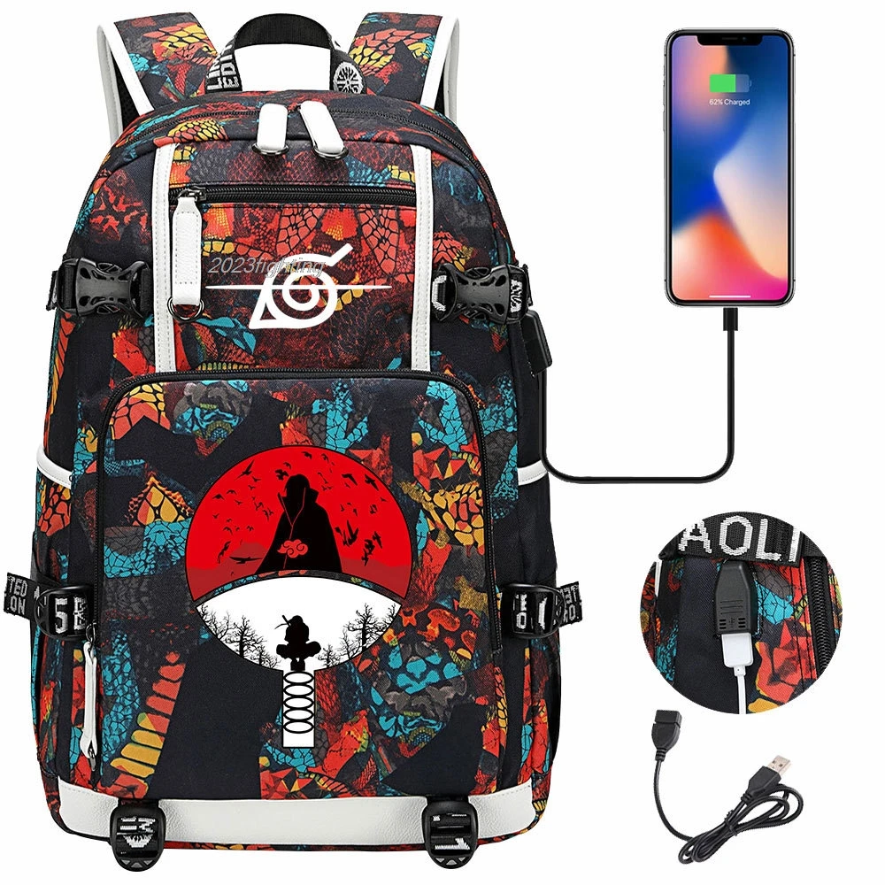 Mochila escolar Akatsuki Itachi Sharingan Naruto para niñas y niños, mochila negra de Anime, mochila escolar con capacidad para adolescentes, regalo