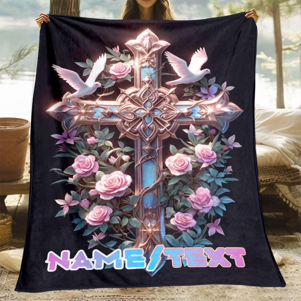 Personalized Peace Dove Cross Flannel Throw Blanket,Custom Name Cozy Blanket for Sofa Bed, Inspirational Gift for Family Friends