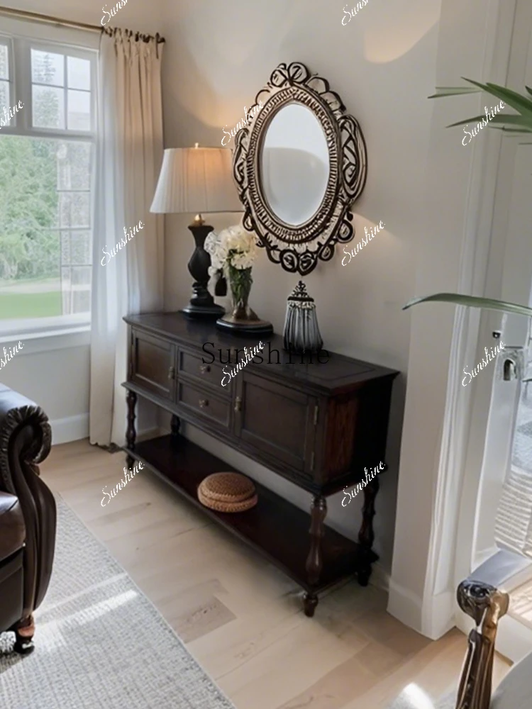 

American rural retro brown solid wood porch cabinet entry foyer decorative storage display living room against the wallP