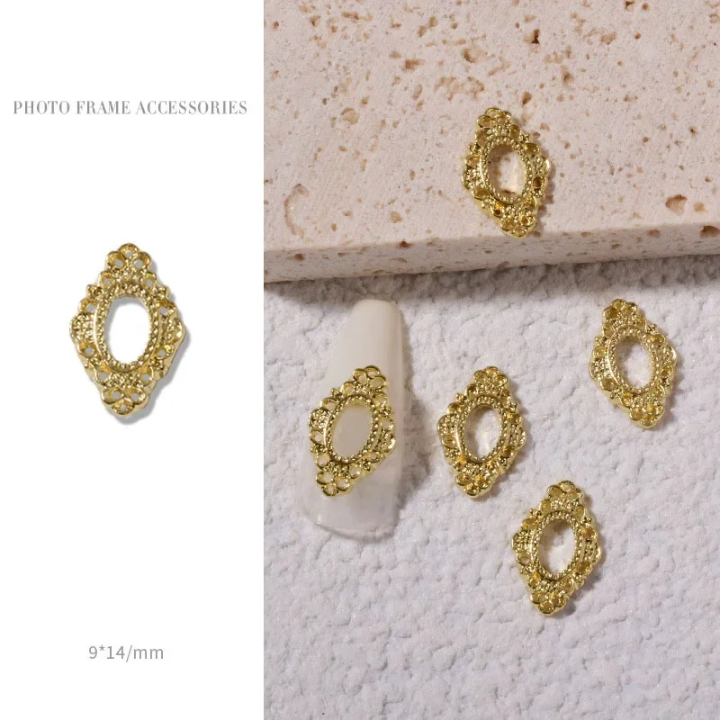Retro Gold Metall 3D Charm Fotorahmen Set mit Legierung Ohrstecker Nail Art Maniküre Schmuck Zubehör Kit – 5 Stück
