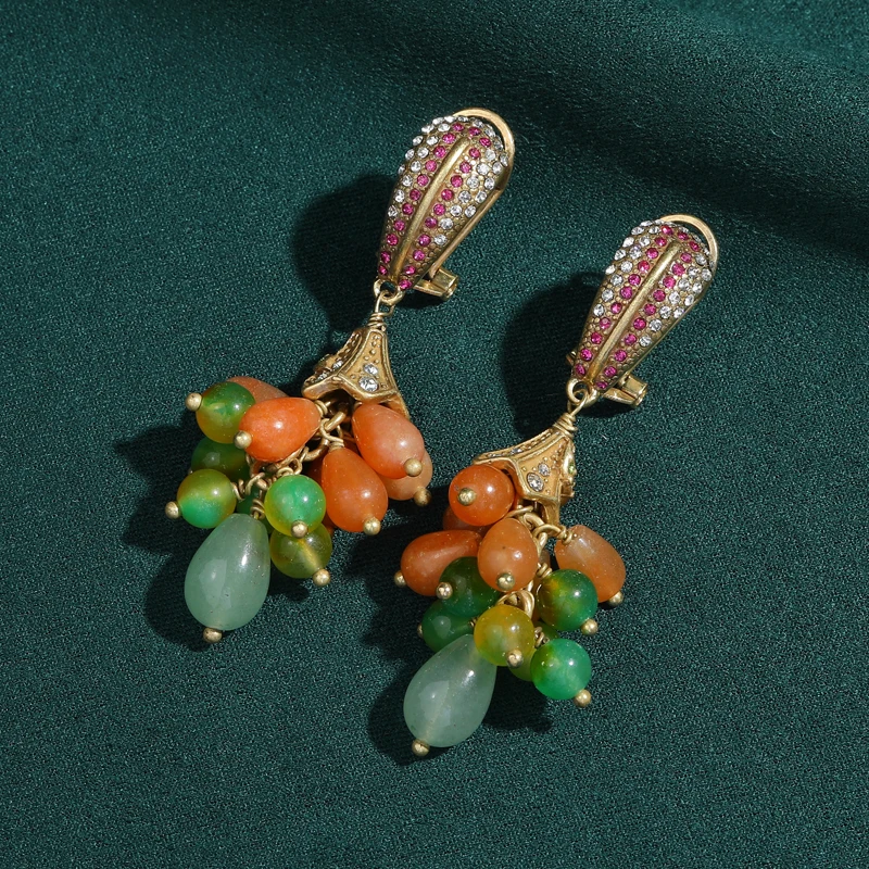 

Colored Rhinestone Drop Earring For Lady 2026 Vintage Jelly Orange And Green Agate Grape Chain Designer Jewelry Mother Day Gifts