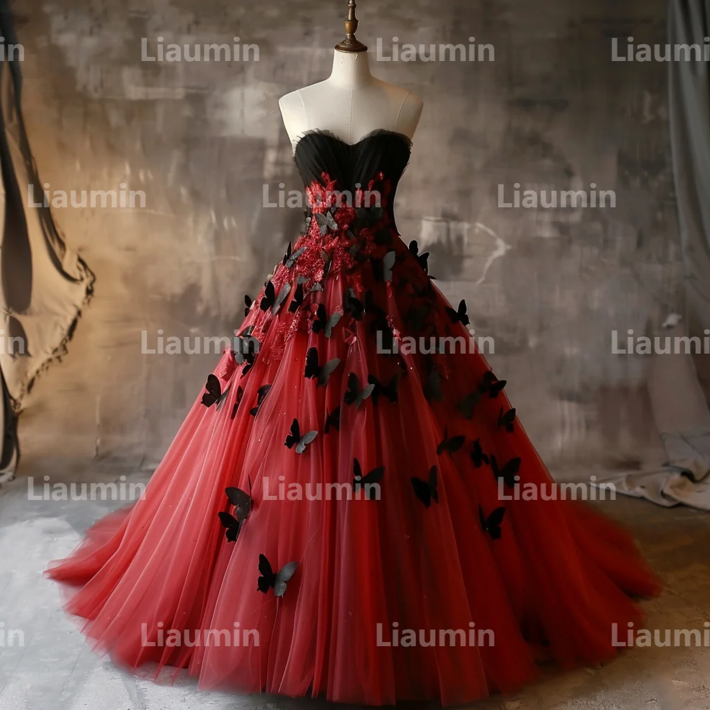 Tulle rosso e nero con farfalla senza spalline abiti da ballo da sera abiti da sposa lunghezza pavimento occasione formale personalizzata W15-41