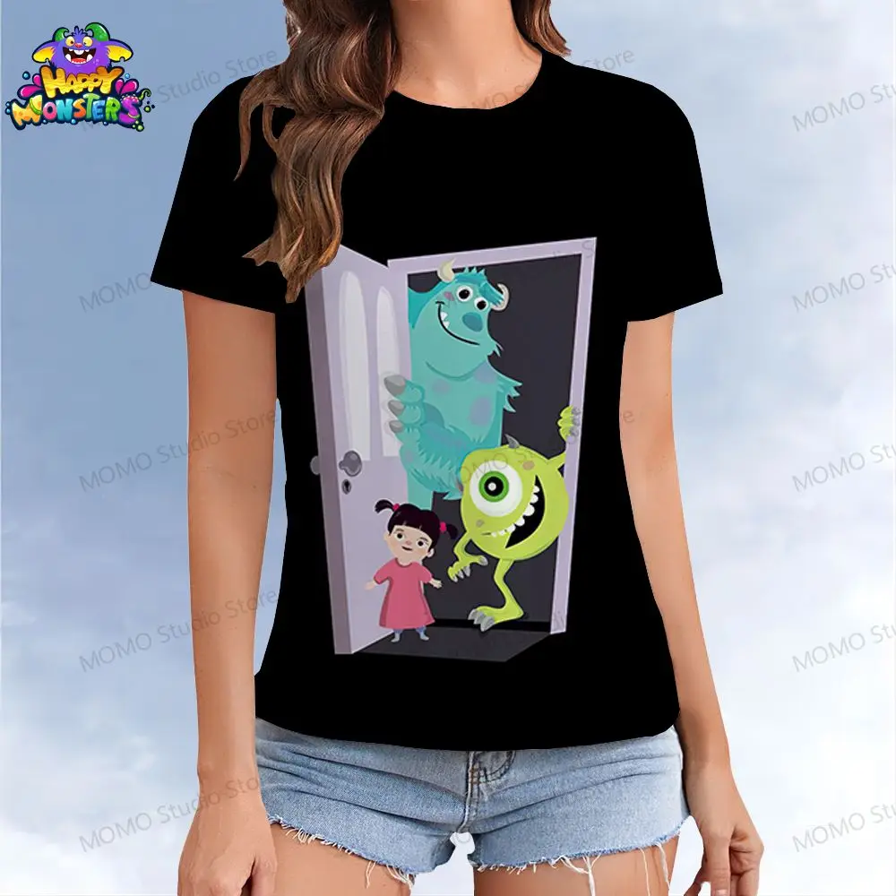 Disney Monsters Inc. Kawaii Women's T-shirt Summer 2024 O Neck Woman Clothing Y2k Street Wear XS-3XL Leisure T-shirts Top Trend