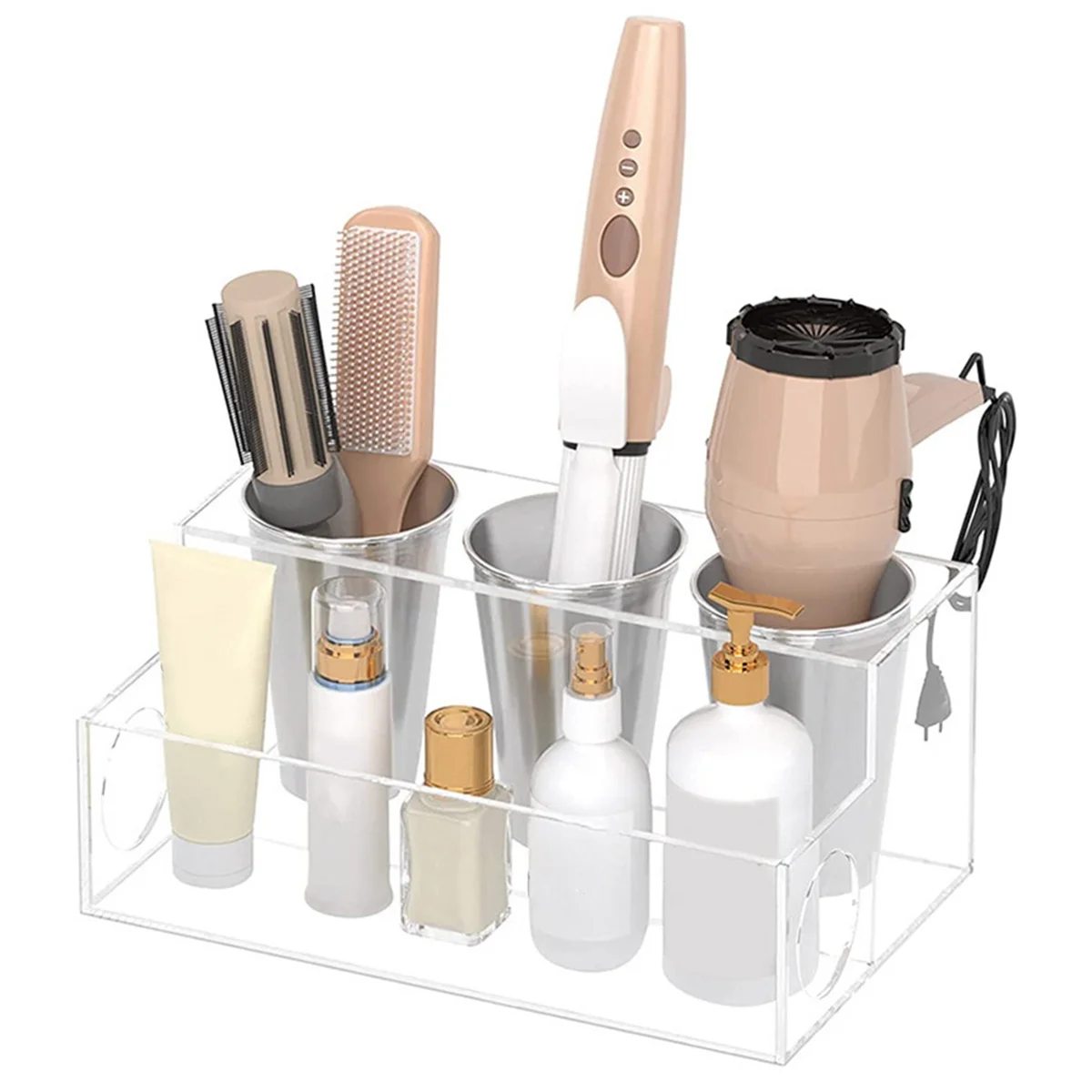 Hair Tool Organizer Acrylic Countertop Hair Dryer and Styling Holder Makeup Toiletries Vanity Storage Stand with Cups B