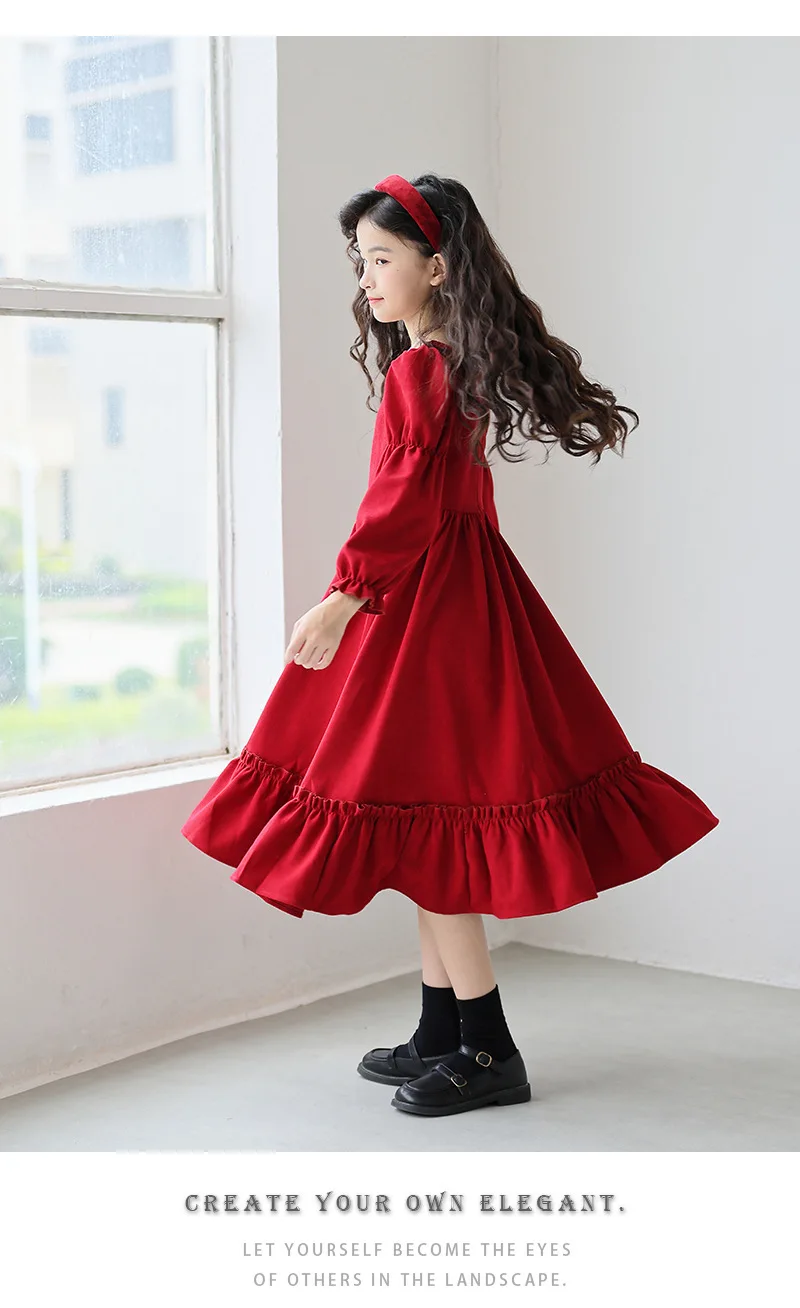 Kinder Mädchen Langarmkleider Herbst UNITIM 4-14 Jahre Kinder Mädchen Kleid mit quadratischem Kragen Rotes Kleid mit Rüschen Junior Mädchen Prinzessinnenkleider – Detail 5