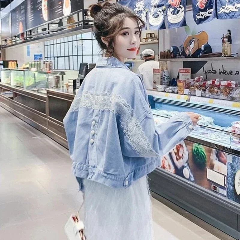 Women's Denim Jackets Lace Spring Autumn Female Jeans Coats 2025 New Arrivals Harajuku Chic and Elegant Models Long Sleeve In