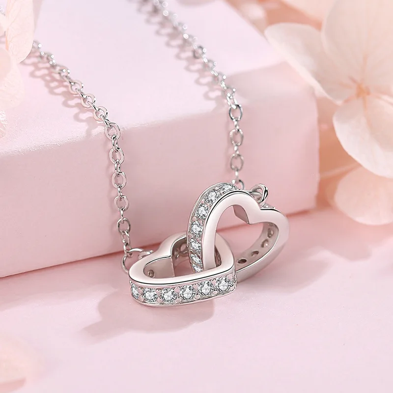 D VVS1 Moissanite Double Heart Connected Pendant Necklace for Women Brilliant Lab Diamond 925 Sterling Silver Fine Jewelry Colar