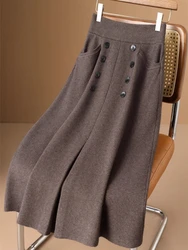 Autumn And Winter100% Pure Wool Skirt Women's Long Pocket Small A Skirt High Waist Slim Cashmere Knit A-Line Skirt