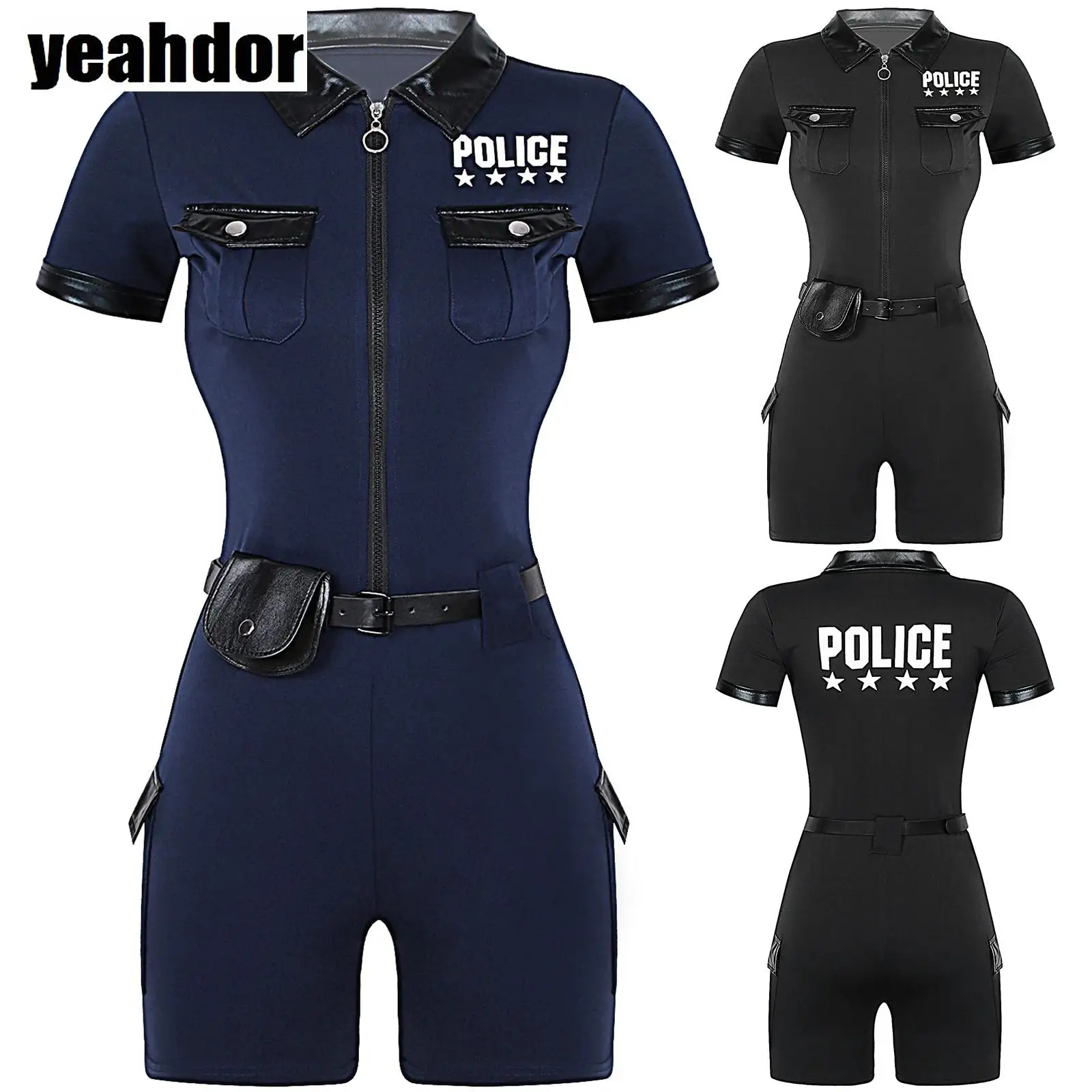 

Halloween Sexy Cop Cosplay Womens Dirty Cop Policewoman Costume Jumpsuit Romper with Belt And Purse Carnival Uniform Dress Up