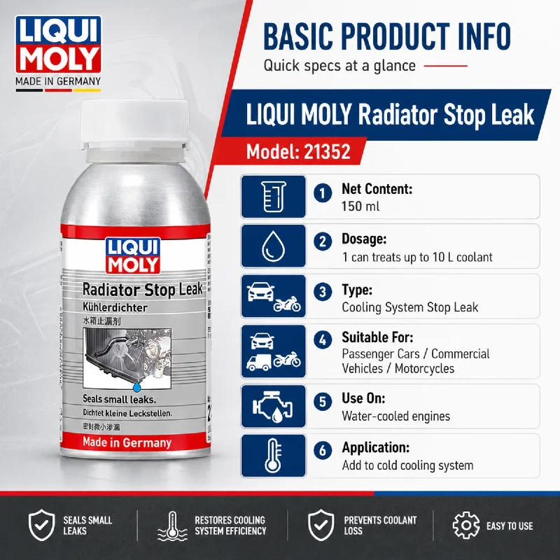 LIQUI MOLY Radiator Stop Leak 21352 150ml Cooling System Sealant for Car Motorcycle Water-Cooled Engine Small Leak Repair