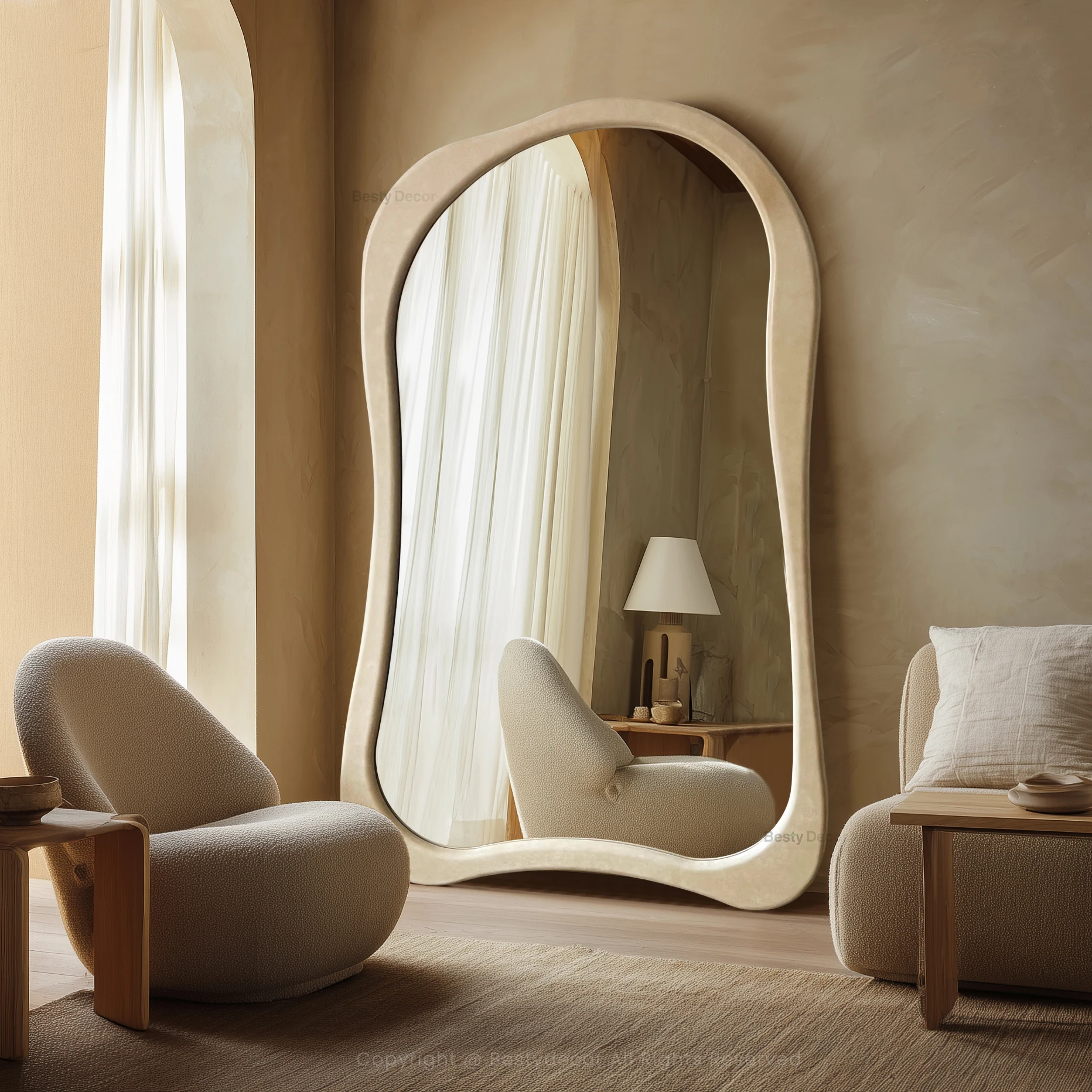 French Style Wavy Irregular Floor Mirror Wooden Frame Dressing Mirror Decorative Espejo For Bedroom Living Room