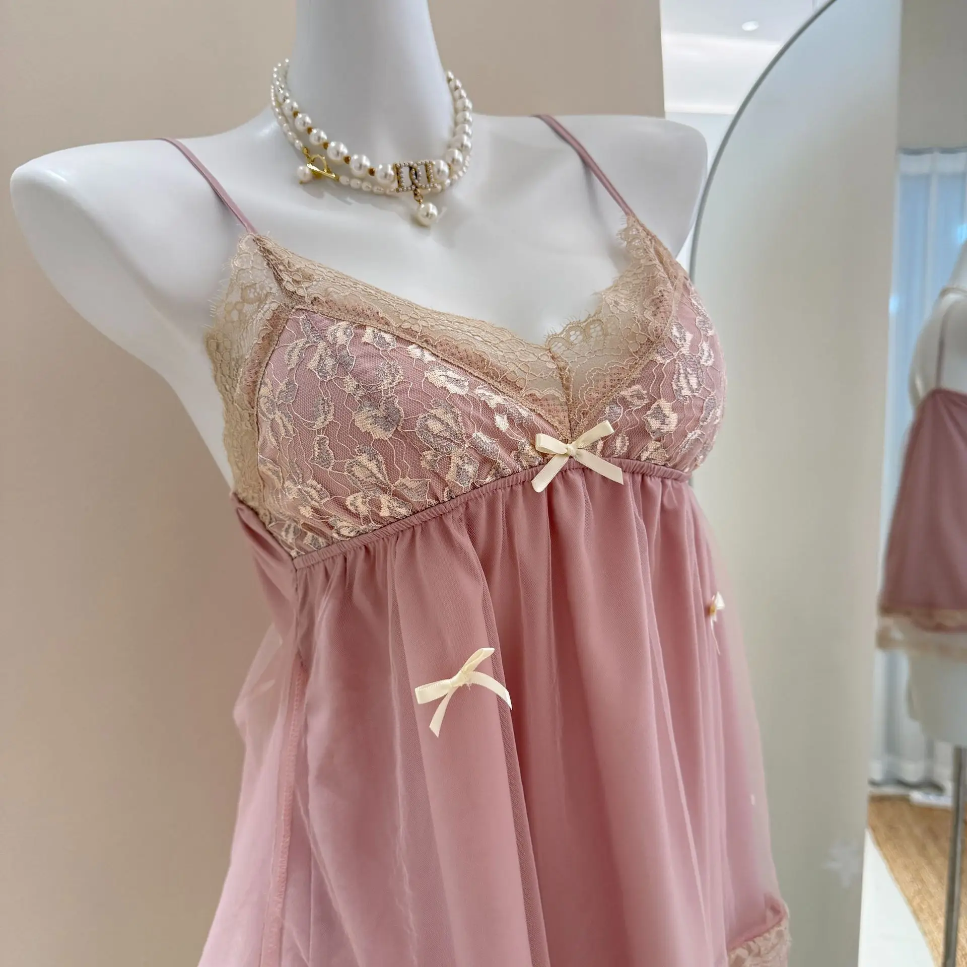 Pink Bubble Mesh Suspender Skirt Bow Sweet Ladies Pajamas Summer Pajamas Girls Loungewear