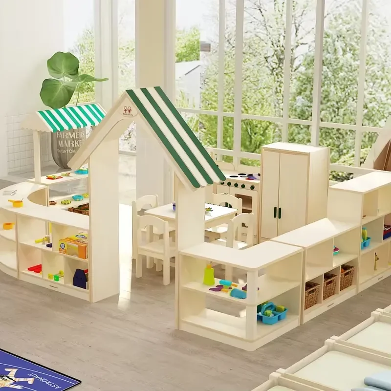 Modern Montessori wooden children's furniture set - desks, chairs, cabinets, suitable for daycare centers, schools, hotels