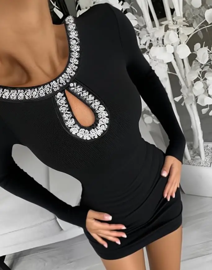 여성 드레스 2025 봄 여름 신상품 라인스톤 장식 긴 소매 홀로우 워터드롭 바디콘 드레스 캐주얼 사이드 러치드 미니 드레스