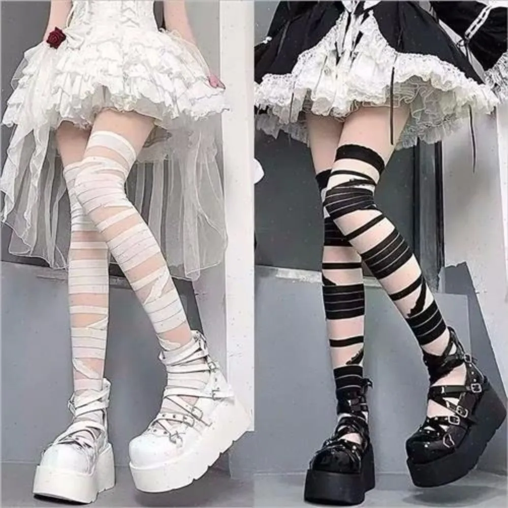 

Sweet Ultrathin Long Stockings Bandage Stripe Nylon Over The Knee Socks Transparent Stripe Long Socks Japanese Lolita