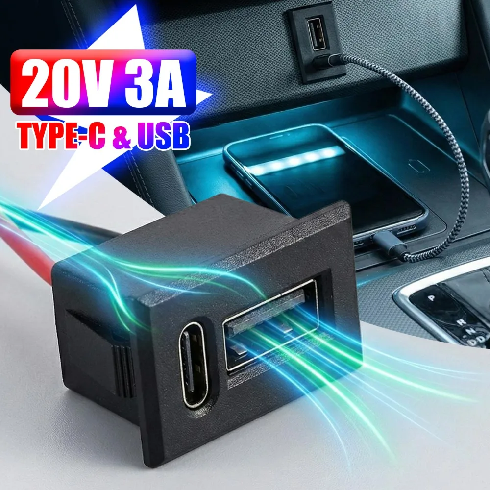 

Двойной разъем USB Type-C (гнездо) с проводом, порт быстрой зарядки 20В 3А для приборной панели автомобиля, мотоцикла, DIY-проектов