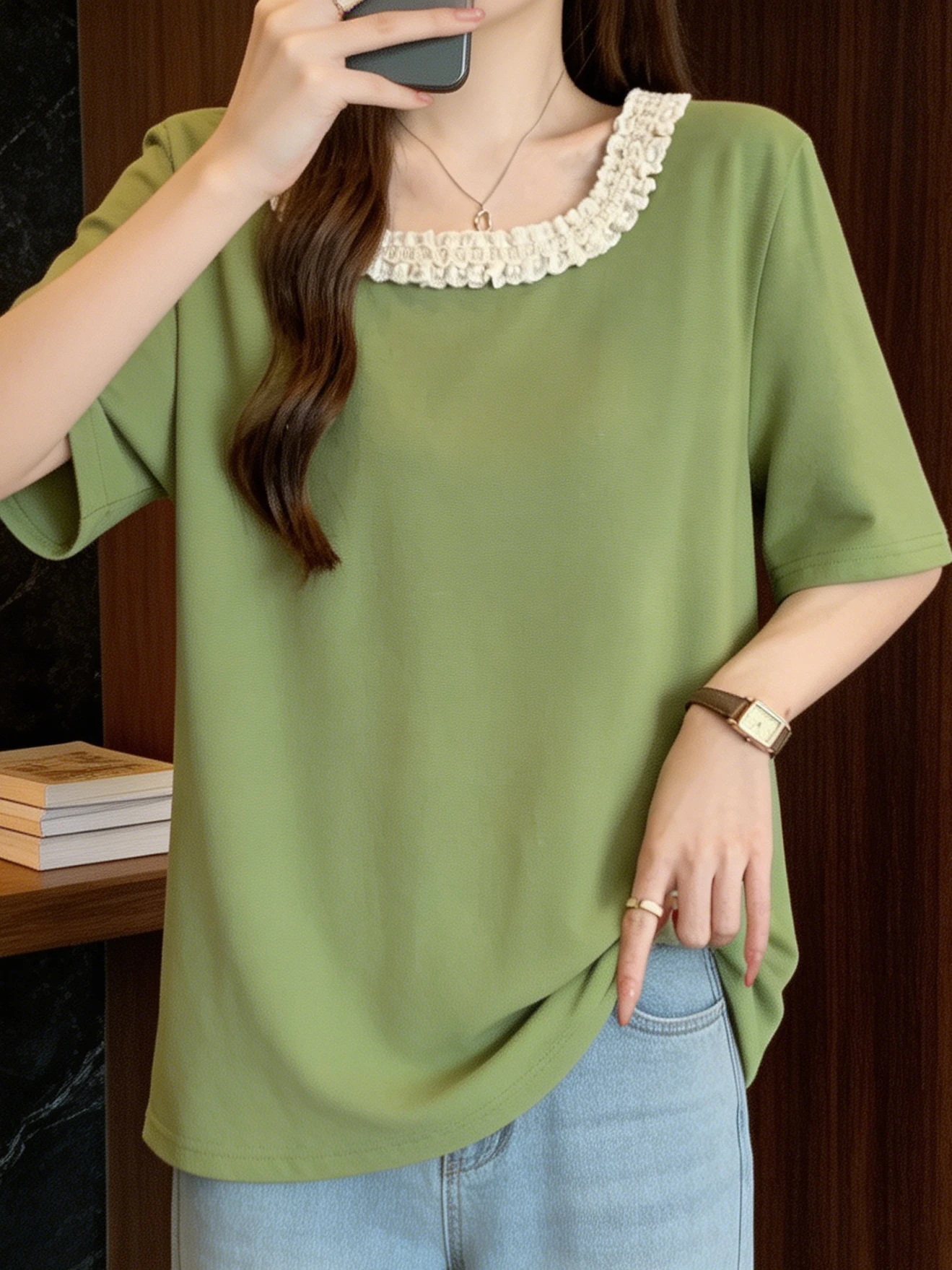 

Summer New Design Large Size T-Shirt Women's Flattering Shoulder Lace Trim Square Collar Meat Concealing Slimming Versatile Top