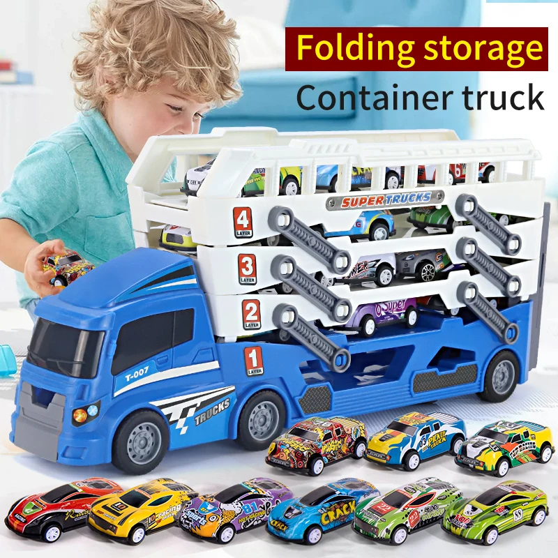 Upgraded Large Ejection Mini Slide Alloy Container Car  Engineering Car Multi-Layer Can Receive Blue Racing Car With 6  Qcar