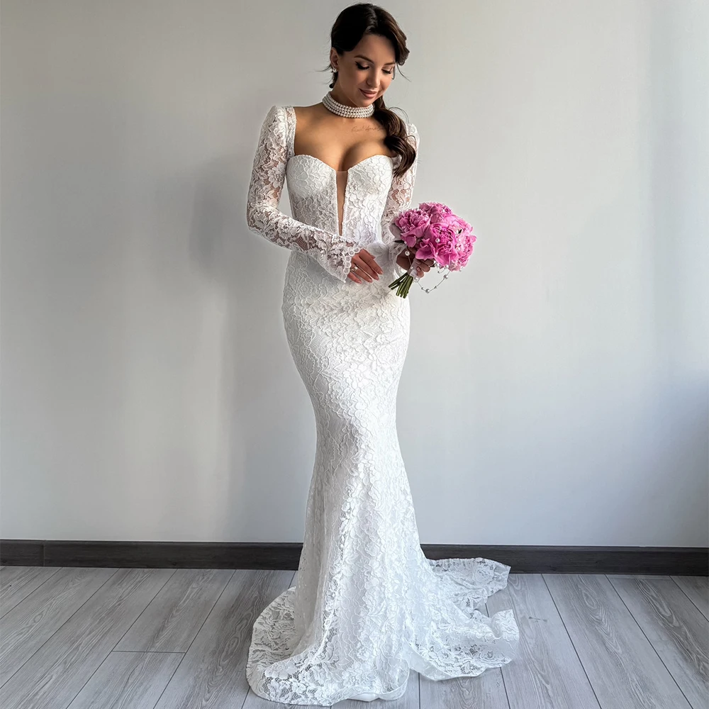 Koronkowa suknia ślubna syrena, szyta na miarę, długie rękawy, dekolt w serce, tren zamiatający, suknia ślubna w stylu saudyjskim, Vestido De Noiva