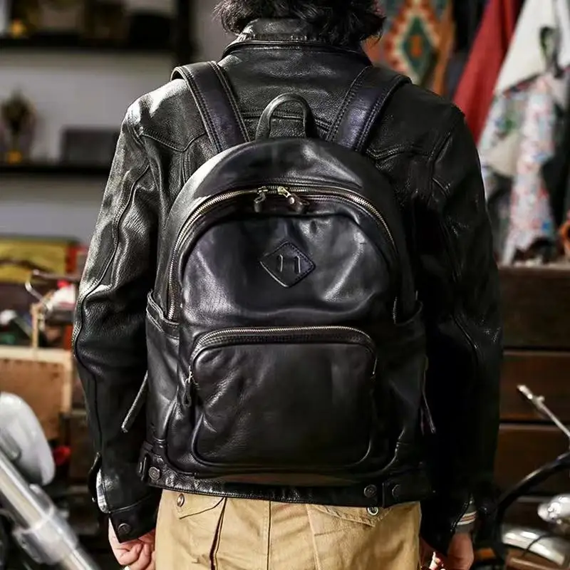 Fashion high-quality first layer cowhide men's women's backpacks outdoor travel luxury handmade genuine leather schoolbags