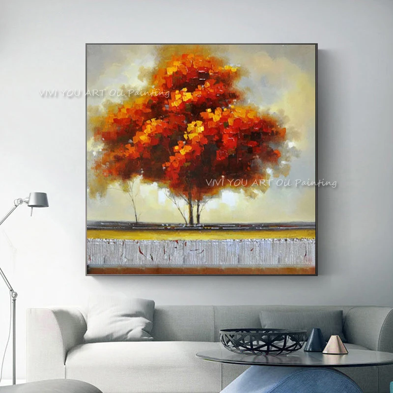 100% Handmade Modern Canvas Abstract Purple And Orange Tree Palette Knife Oil painting Home Decor For Living Room As Unique Gift