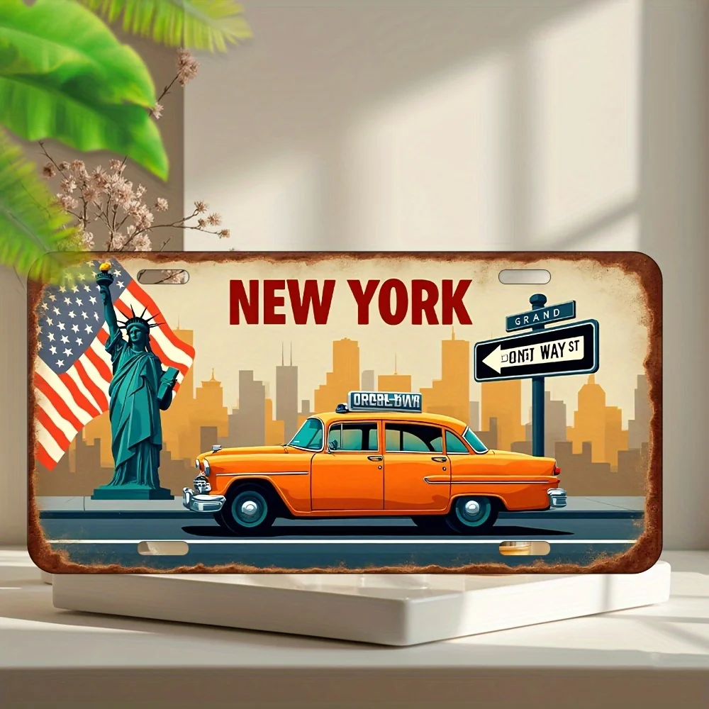 2D Flat - Vintage New York Metal Sign - 15x30cm Aluminum Wall Decor with Statue of Liberty, Yellow Taxi & American Flag Design,
