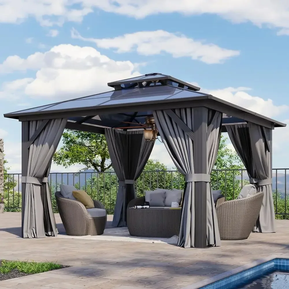 12'x12' Hardtop Gazebo,Permanent -ed Pavilion with Curtains & Mesh Sns, eaturing a Double-Layered Polyte Roo, Ideal or Patios, L