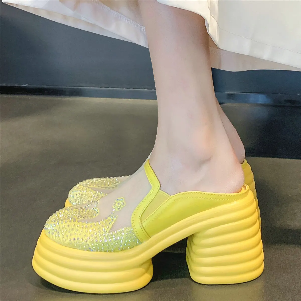 

2023 Rhinestones Gladiator Sandals Women Breathable Lace High Heel Mules Female Summer Round Toe Platform Pumps Casual Shoes