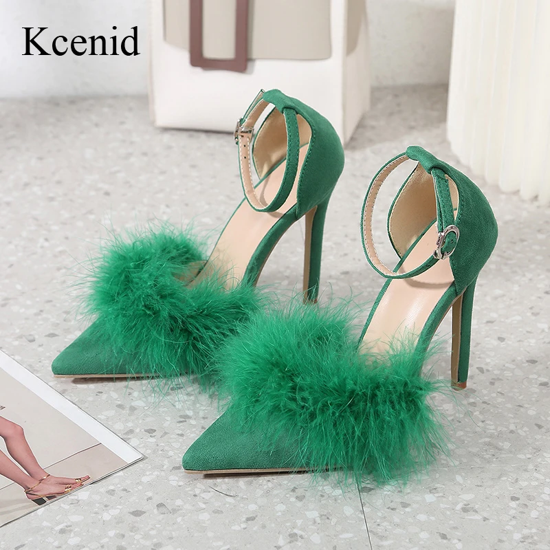 

Kcenid Fashion Gladiator Feather Ankle Strap Pumps Women Shoes Pointed Toe Stiletto Sandals High Heels Sexy Summer Party Dress