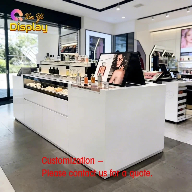 custom.High-End Modern Luxury Perfume Display Table LED Lit Custom Boutique Solution Metal MDF Retail