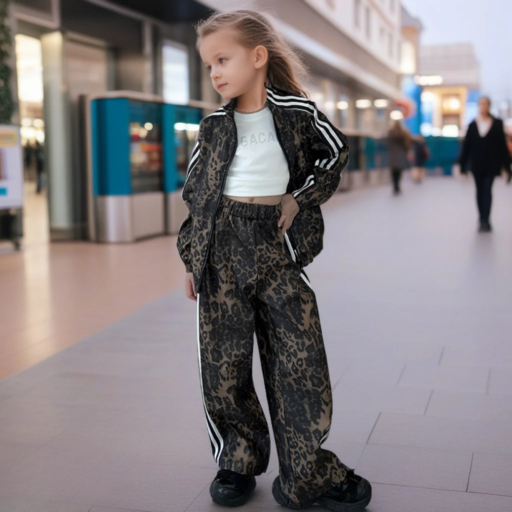 

Спортивный костюм для девочек, модная куртка с леопардовым принтом, брюки, повседневная спортивная одежда из 2 предметов, детская одежда для подростков, осенний школьный костюм для детей