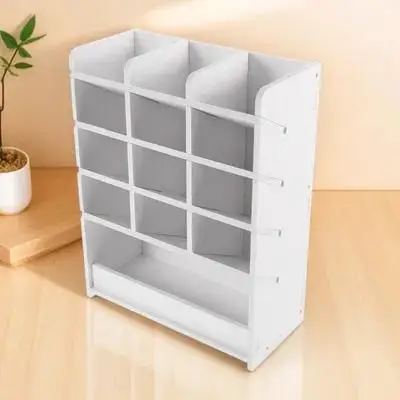 

Multifunctional Desk Organizer Box for Office School Stationery Storage Large Capacity Compartments White Wood Plastic Desktop