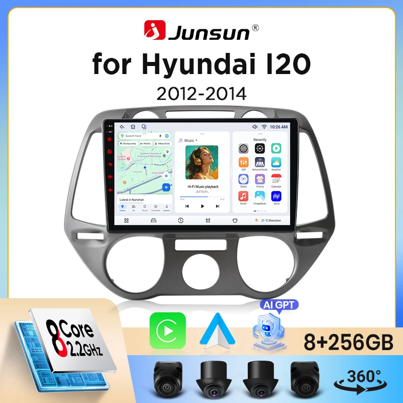 Autoradio sans fil Junsun CarPlay Android Auto pour Hyundai i20 Mk1 (PB) 2008-2014, ventilateur de refroidissement intégré, navigation GPS Android, lecteur multimédia, WiFi, DSP, RDS, BT, SWC, écran tactile IPS, autoradio, lecteur vidéo, unité principale, stéréo