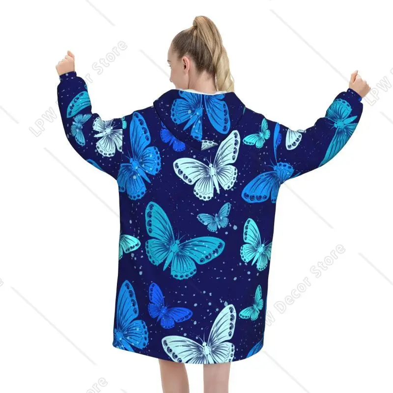 Butterflies Dark Blue Blanket Hoodie Women Winter Wearable Oversized Pullover Soft Warm Cozy Fleece Sherpa Blankets with Pockets