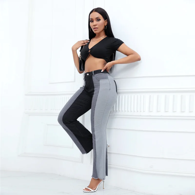 

New Fashionable Washed Color Block Elastic Waist Denim Jeans for Women Stylish Factory Direct Sale American Style Long Pant