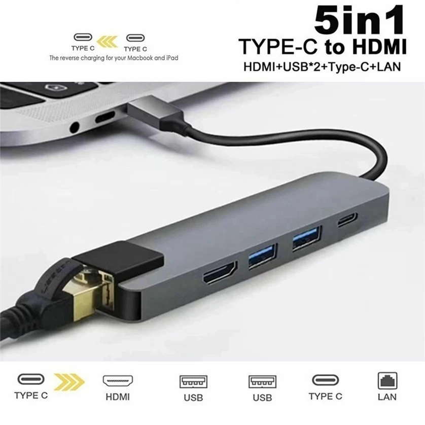 5 in 1 USB C Hub Type C To 4K HD Adapter with RJ45 Network 1000M Ethernet Lan Charger Port Adapter For Macbook Pro