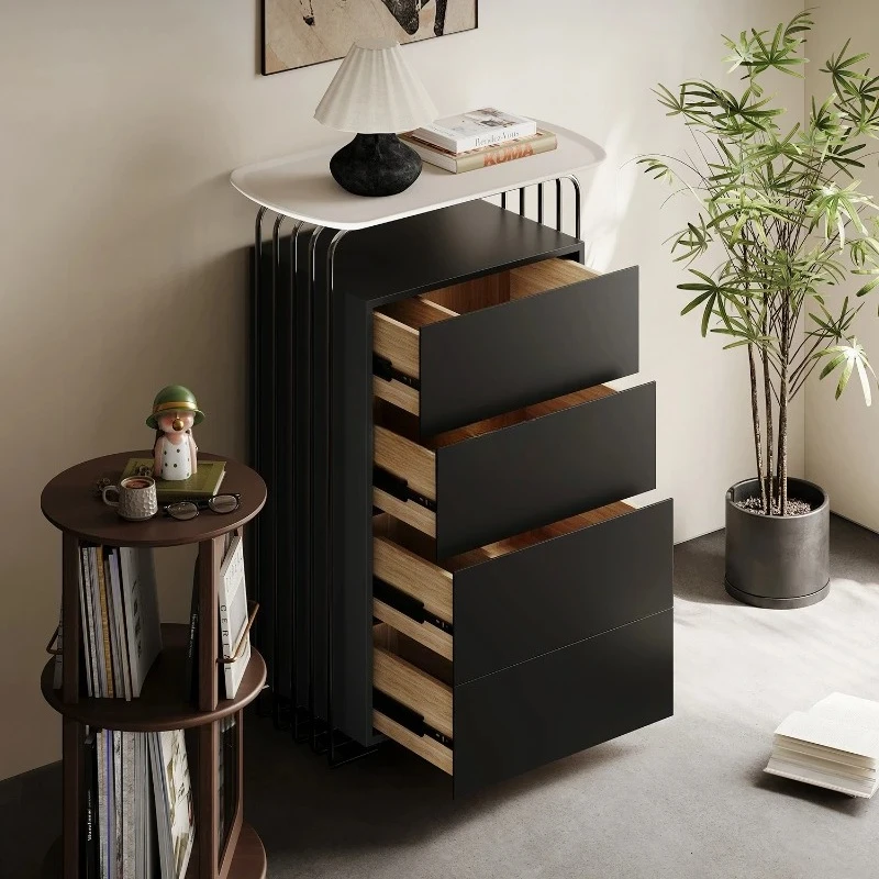 JJFrench Retro Master Bedroom, Bedside Storage, Four Drawers, Light Luxury And High-end Living Room, Black Against The Wall