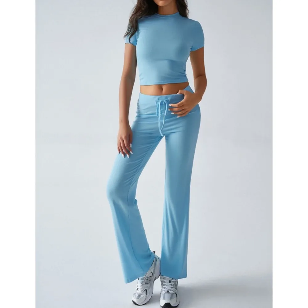 

Модная приталенная футболка с короткими рукавами, женские брюки, комплект из 2 предметов, летний элегантный женский облегающий бедра, повседневный спортивный комплект длинных брюк