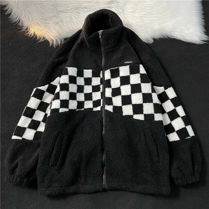 Couple loose standup collar cotton jacket checkerboard checkered lamb wool men\'s jacket