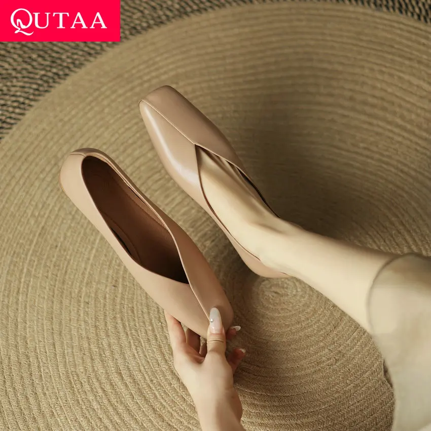 QUTAA 2024 Women Pumps Round Toe Concise Genuine Leather Casual Office Working Shoes Woman Loafers Spring Summer Size 34-39