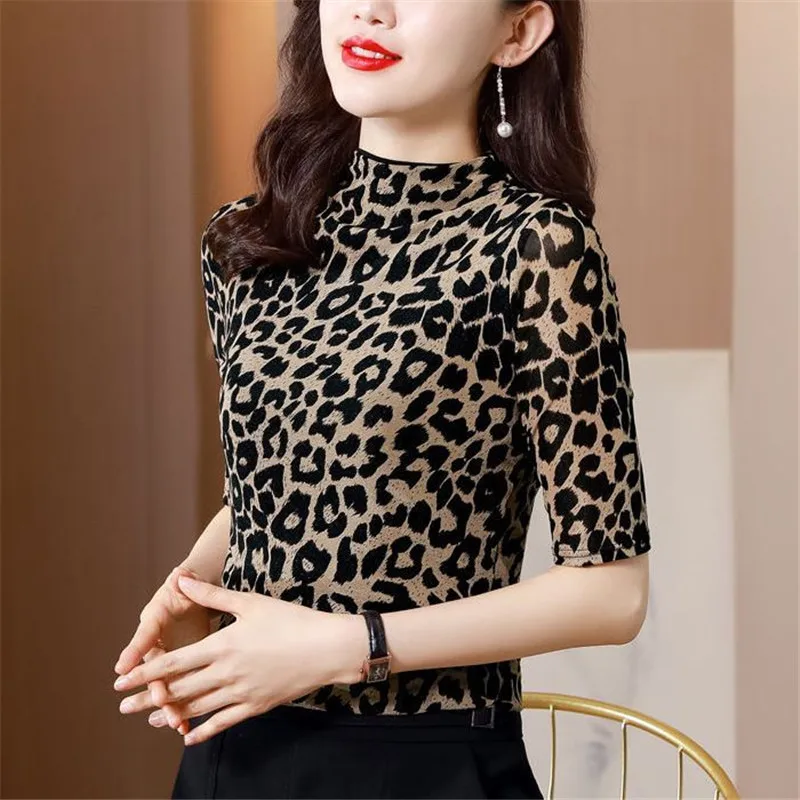 

Mid-sleeved leopard print spring and autumn tops new style half-high Joker leopard Latin shirt Women's leopard print T-shirt